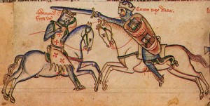 Combat between Canute the Dane and Edmund Ironside, Matthew Paris, Chronica Maiora, Cambridge, Corpus Chrisit, 26, f. 160